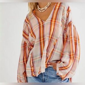 Free People Solstice Plaid Top Blouse Women’s Sz  M Plaid Lilac Orange Oversized